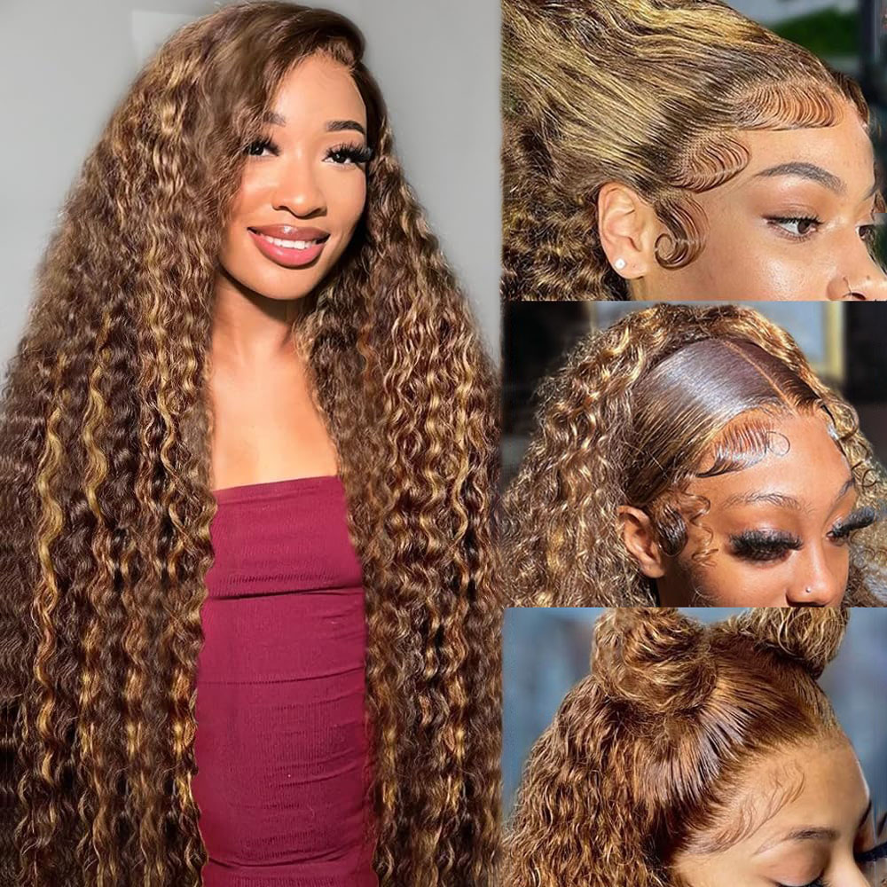 Lace Front Wig - 36인치 딥 웨이브 P4/27 하이라이트 옴브레