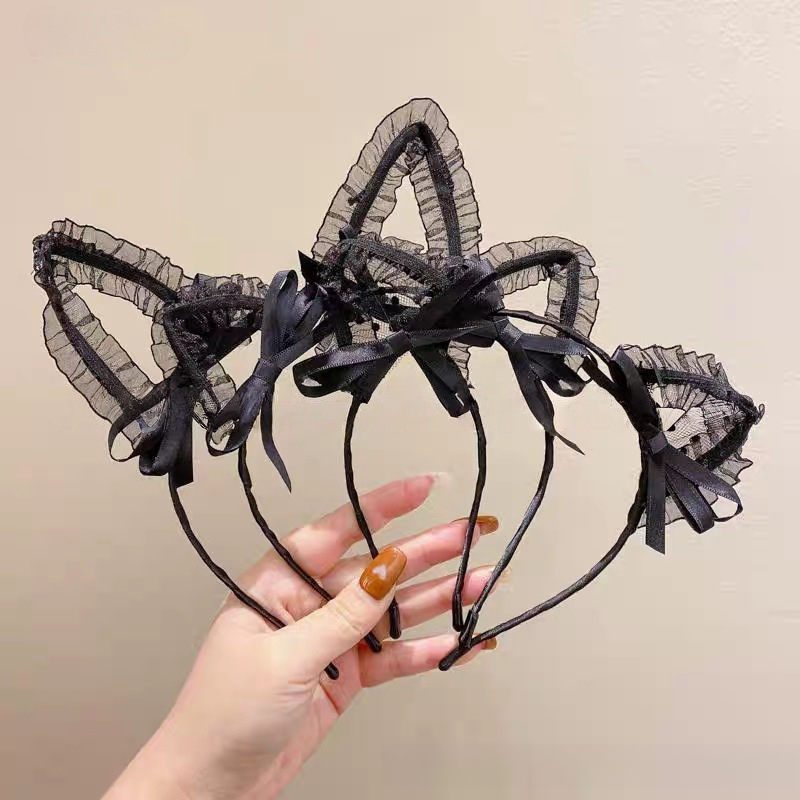 고딕풍 러플 메쉬 고양이 귀 머리띠 새틴 리본 장식 블 - Hair Net Invisible 리뷰 및 가격