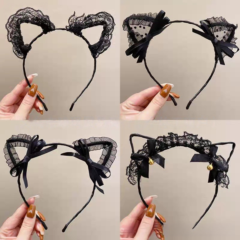 고딕풍 러플 메쉬 고양이 귀 머리띠 새틴 리본 장식 블 - Hair Net Invisible 리뷰 및 가격